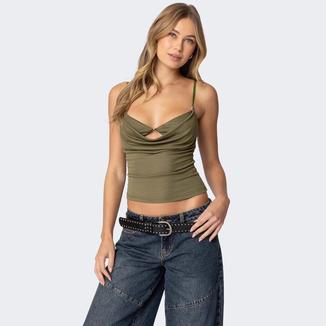 Chloe Renner - Layered Cowl Cutout Crop Top - Back to School Energy
