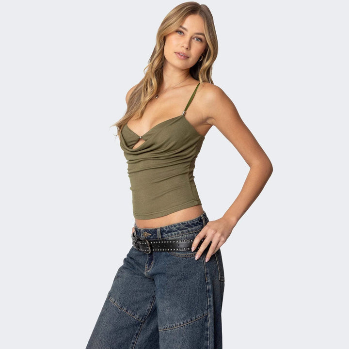 Chloe Renner - Layered Cowl Cutout Crop Top - Back to School Energy