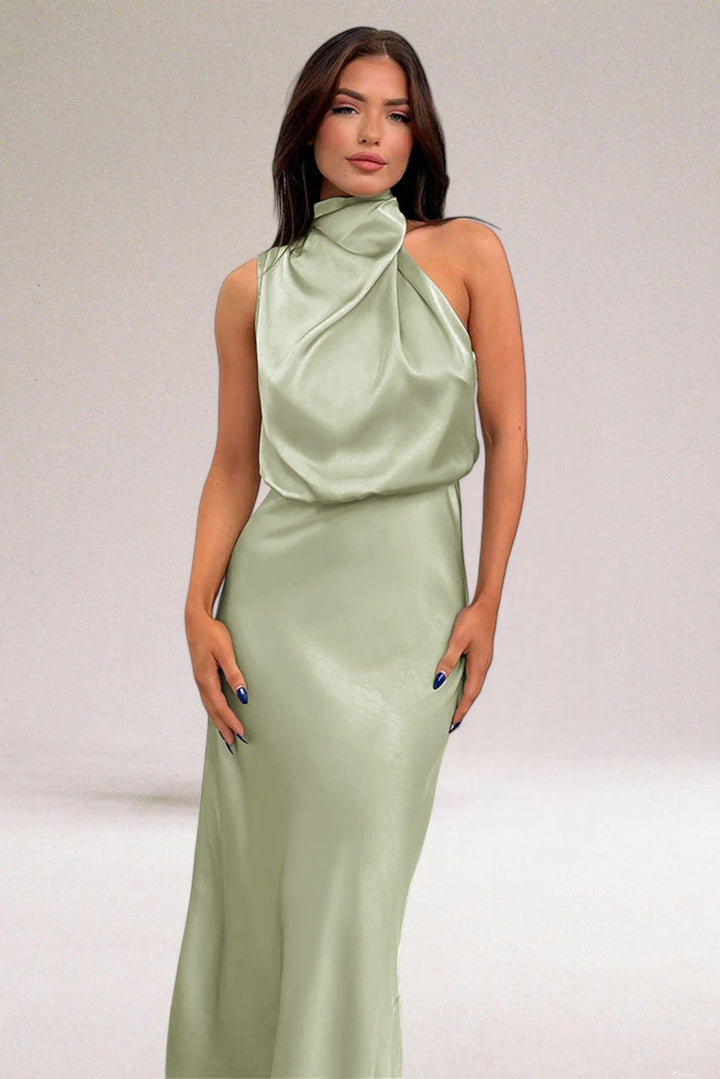 Margaux Cazal Satin Off Shoulder Slip Dress
