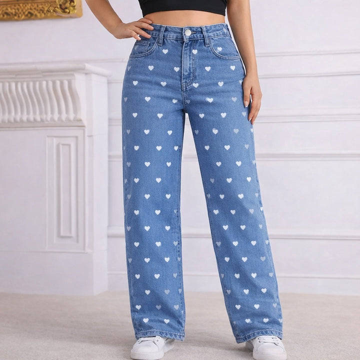 Lily Ashford - Plus Size High-Waist Heart Print Jeans - Back to School