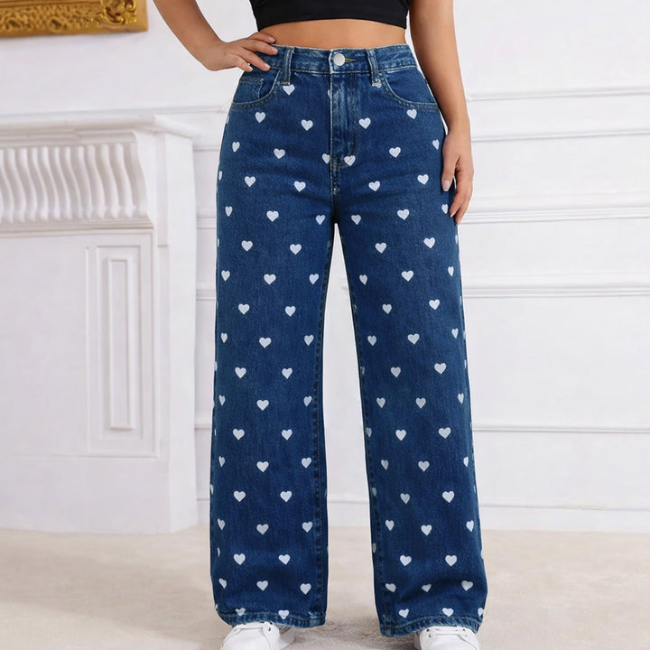 Lily Ashford - Plus Size High-Waist Heart Print Jeans - Back to School