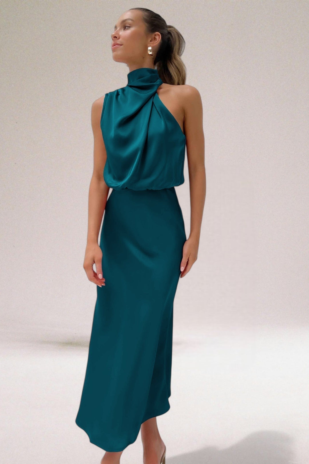Margaux Cazal Satin Off Shoulder Slip Dress