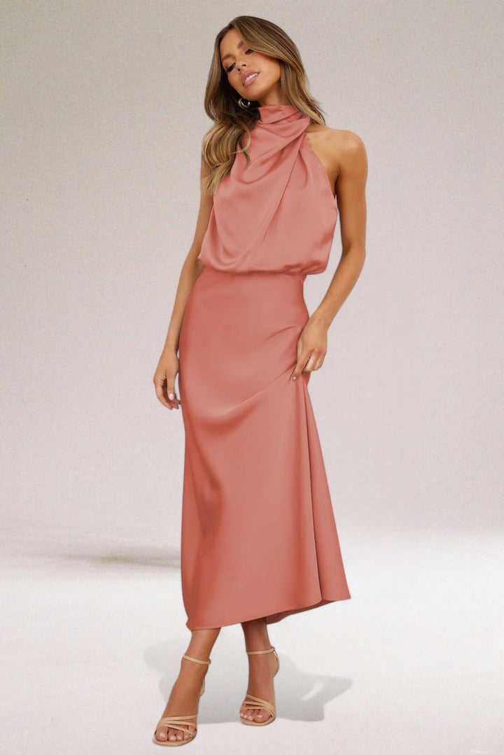 Margaux Cazal Satin Off Shoulder Slip Dress