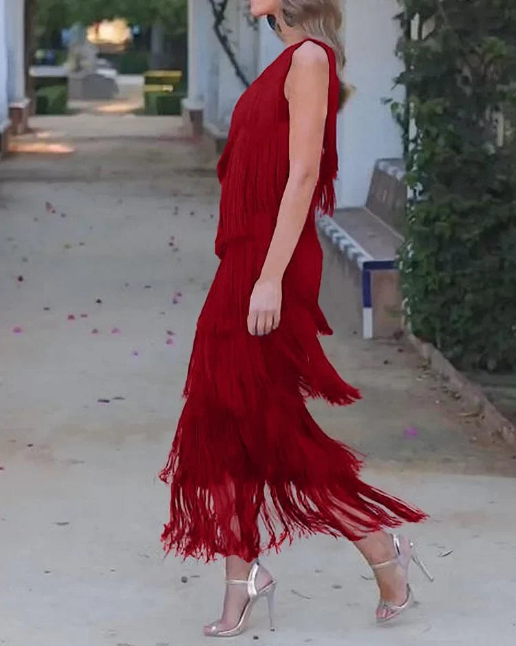 Priscilla Duvall Off Shoulder Fringe Mini Dress