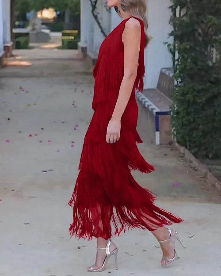 Priscilla Duvall Off Shoulder Fringe Mini Dress