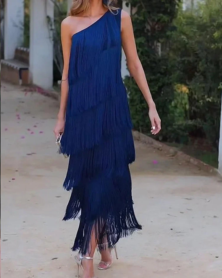 Priscilla Duvall Off Shoulder Fringe Mini Dress