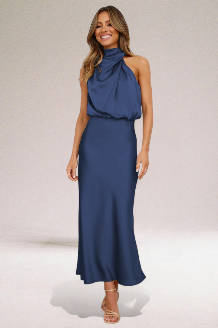 Margaux Cazal Satin Off Shoulder Slip Dress