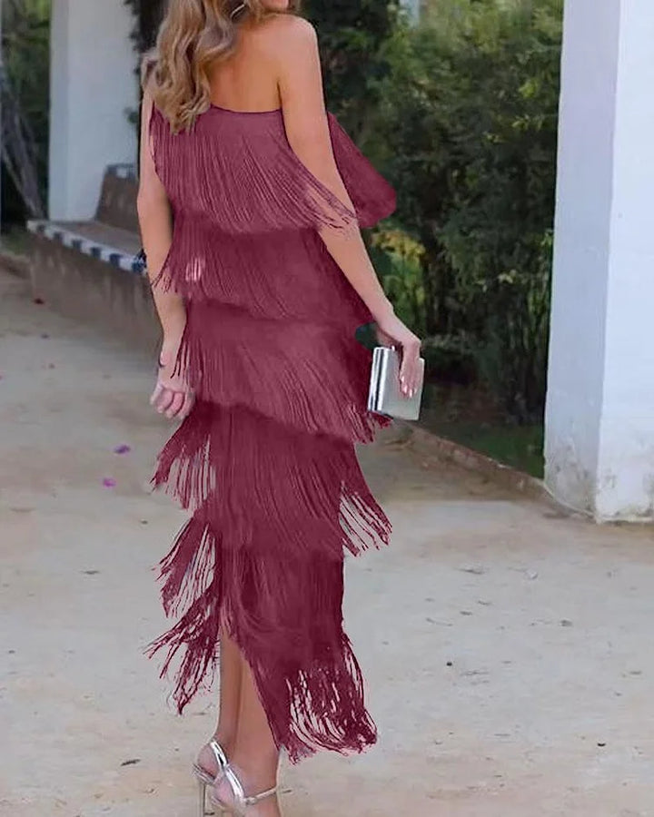 Priscilla Duvall Off Shoulder Fringe Mini Dress