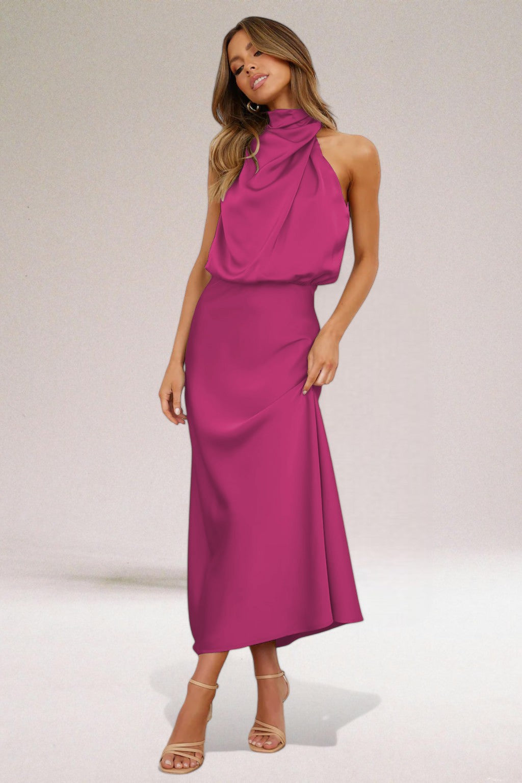 Margaux Cazal Satin Off Shoulder Slip Dress