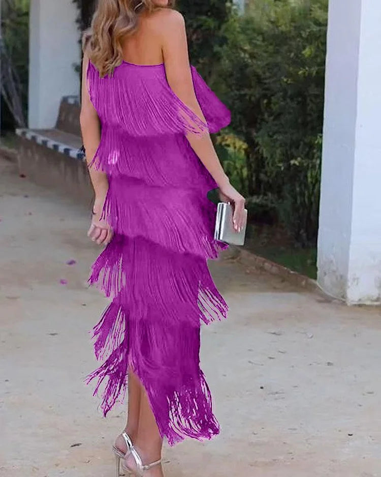Priscilla Duvall Off Shoulder Fringe Mini Dress