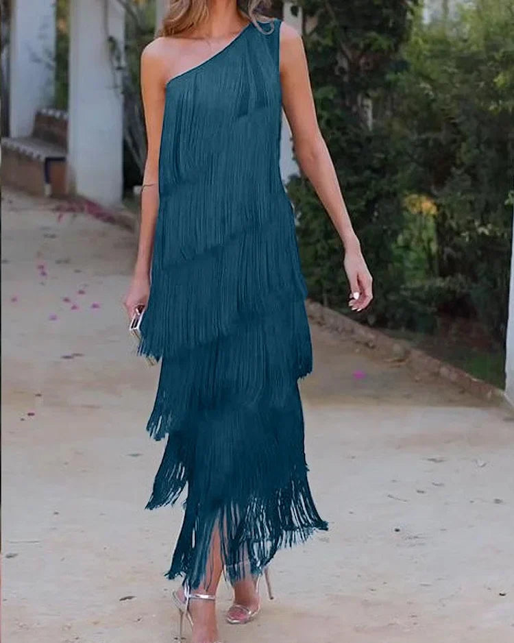 Priscilla Duvall Off Shoulder Fringe Mini Dress
