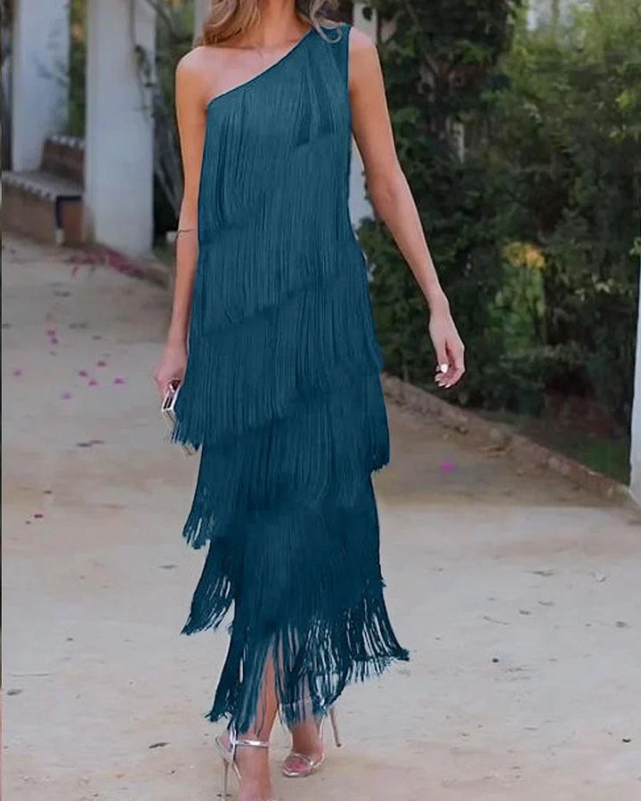 Priscilla Duvall Off Shoulder Fringe Mini Dress