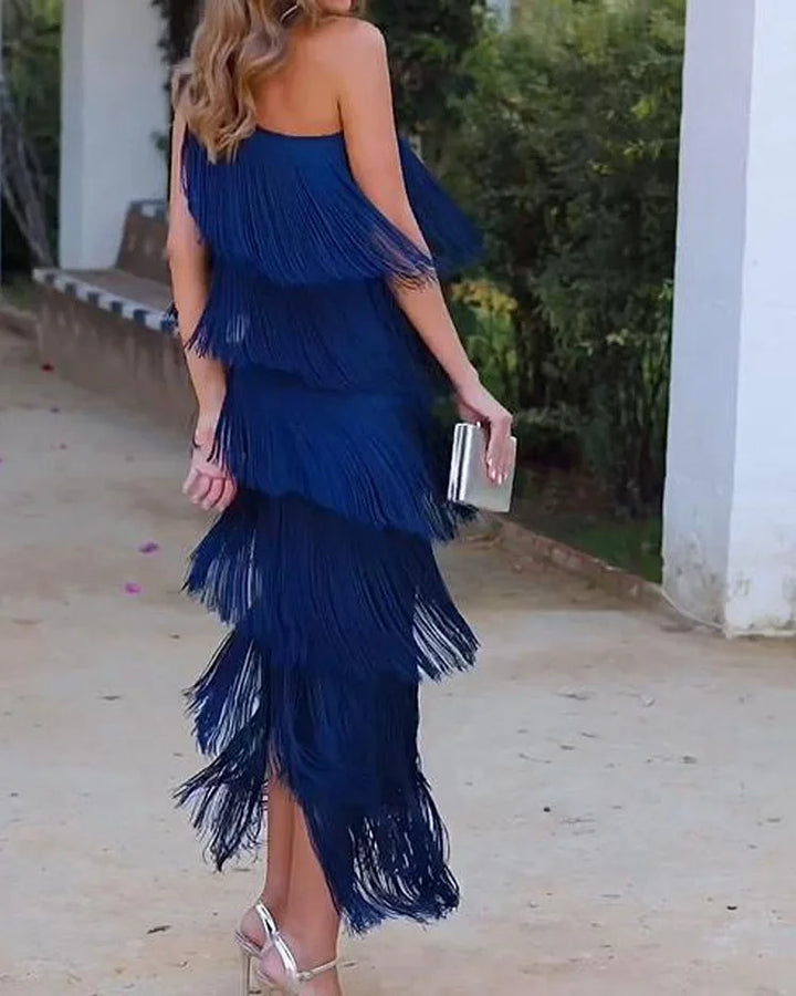 Priscilla Duvall Off Shoulder Fringe Mini Dress