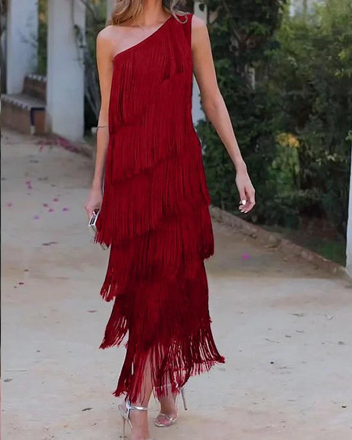 Priscilla Duvall Off Shoulder Fringe Mini Dress