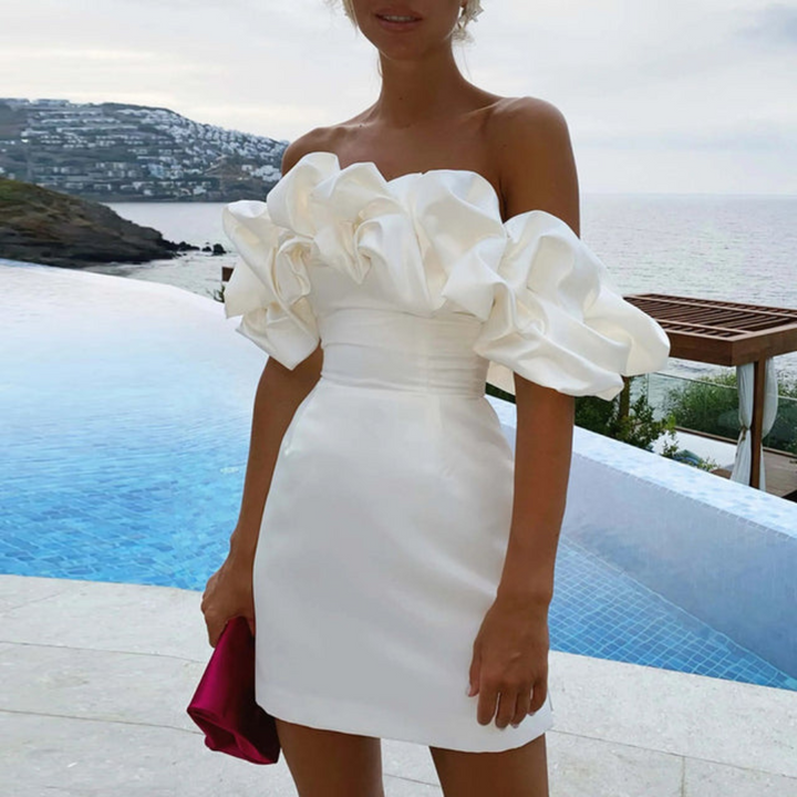 Valentina Moretti Strapless Ruffle Wedding Guest Mini Dress