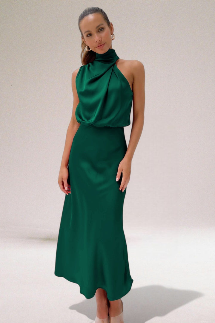 Margaux Cazal Satin Off Shoulder Slip Dress