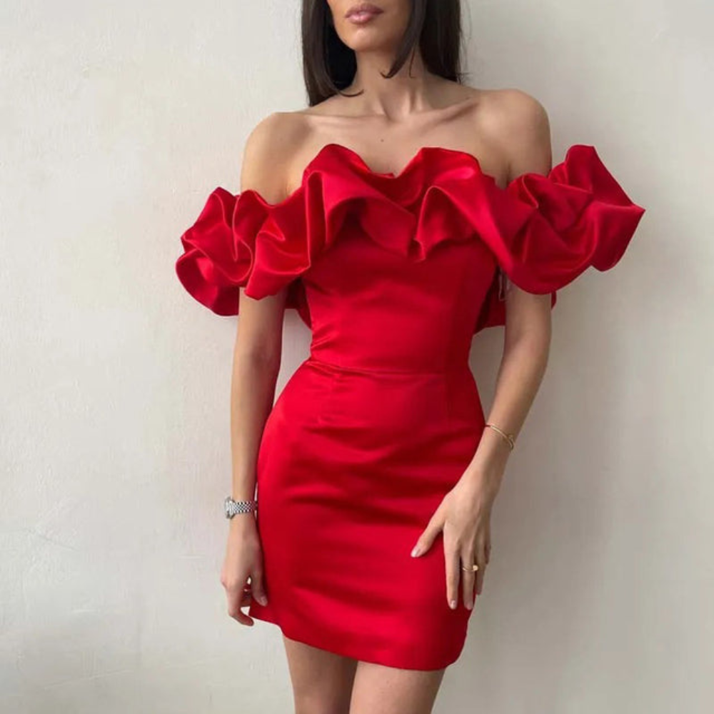 Valentina Moretti Strapless Ruffle Wedding Guest Mini Dress