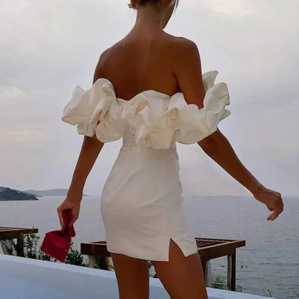 Valentina Moretti Strapless Ruffle Wedding Guest Mini Dress