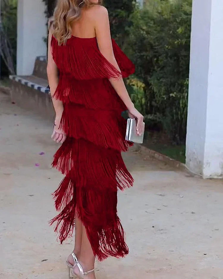 Priscilla Duvall Off Shoulder Fringe Mini Dress