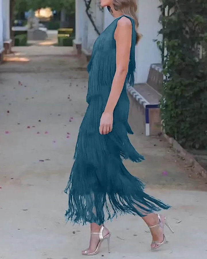 Priscilla Duvall Off Shoulder Fringe Mini Dress