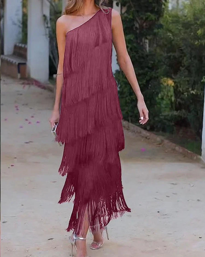 Priscilla Duvall Off Shoulder Fringe Mini Dress