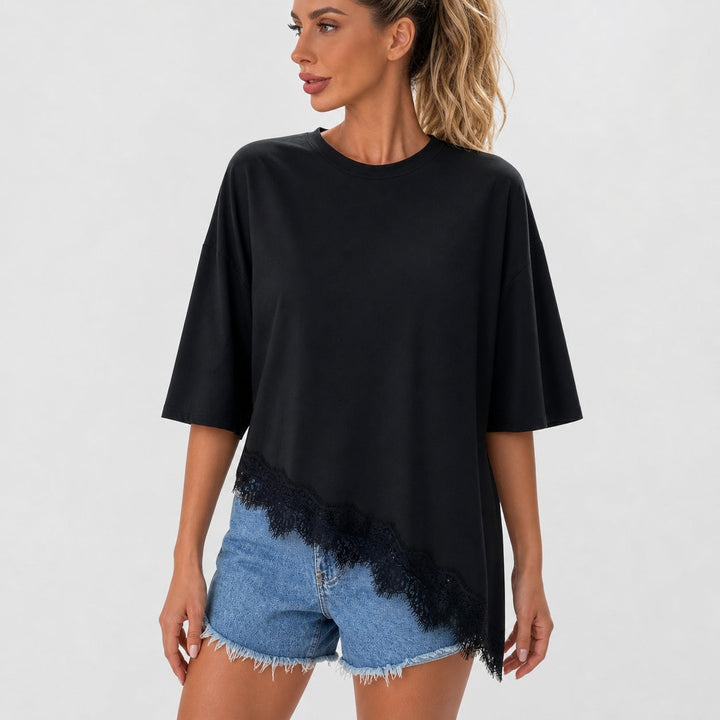 Sienna Blake - Lace-Trim Asymmetric Hem Tee - Back to School Edge