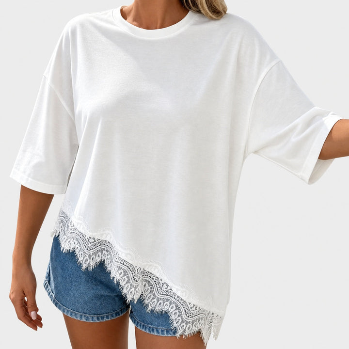 Sienna Blake - Lace-Trim Asymmetric Hem Tee - Back to School Edge