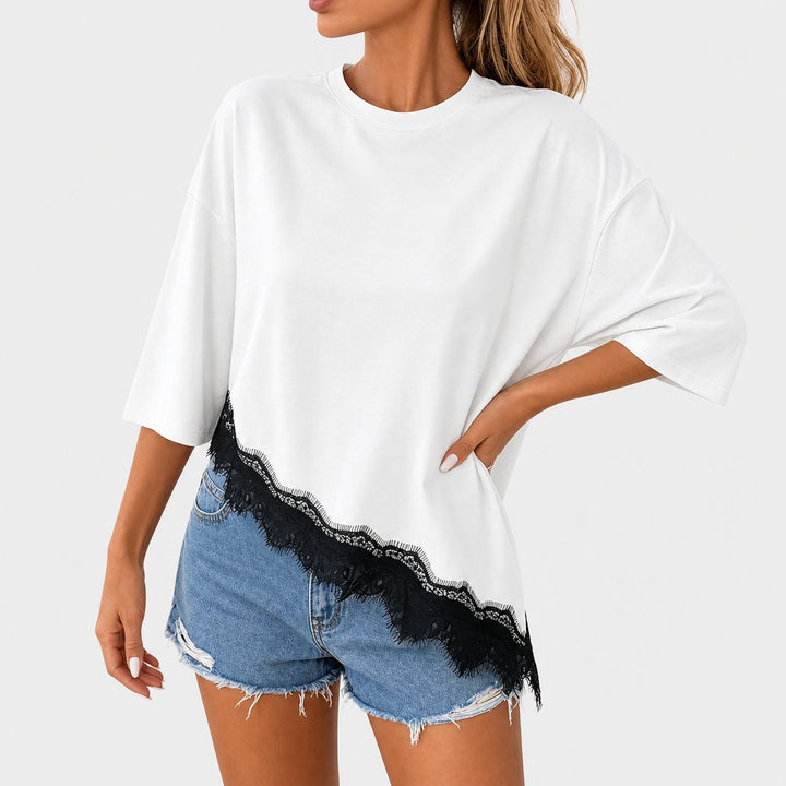 Sienna Blake - Lace-Trim Asymmetric Hem Tee - Back to School Edge