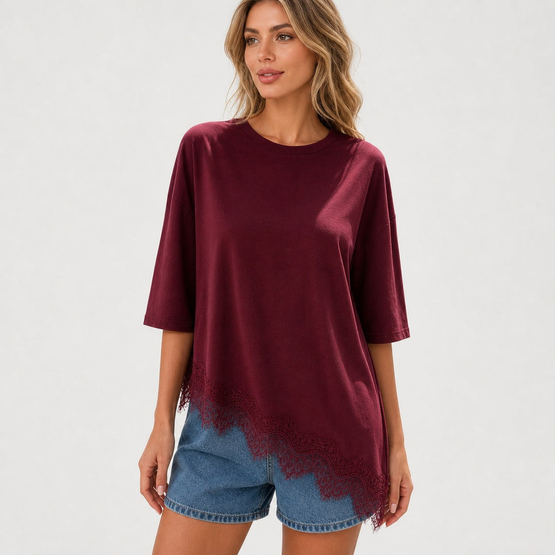 Sienna Blake - Lace-Trim Asymmetric Hem Tee - Back to School Edge