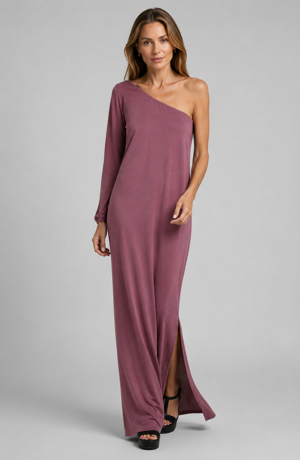 Nala Fontaine One Shoulder Draped Maxi Dress