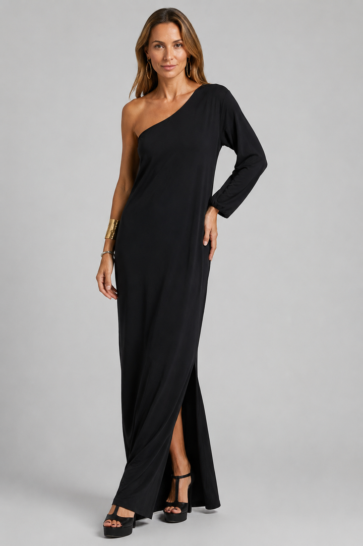 Nala Fontaine One Shoulder Draped Maxi Dress