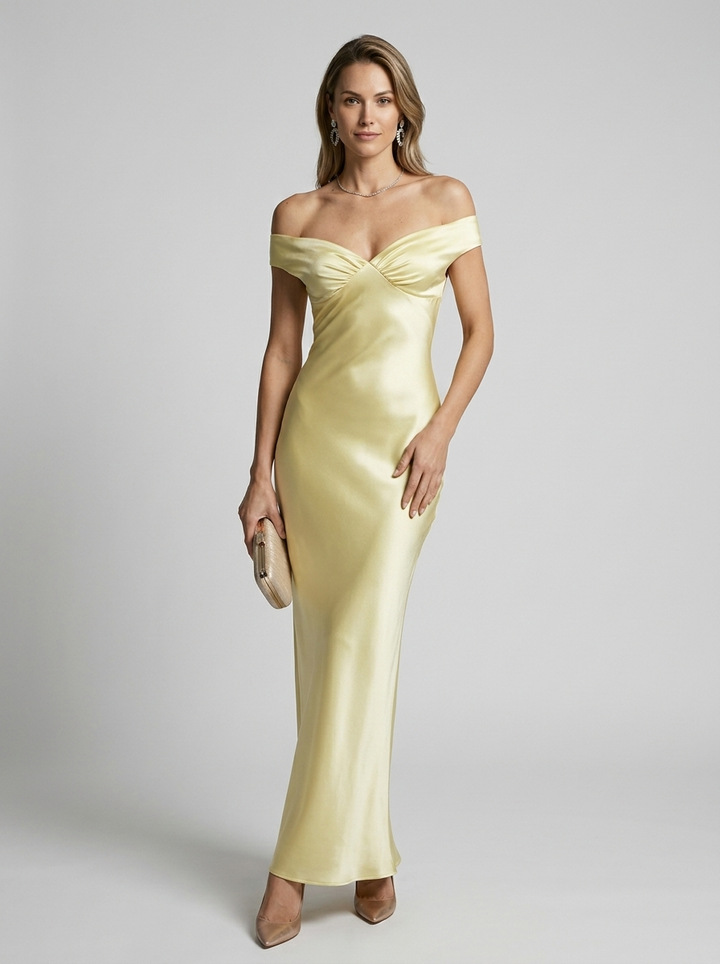 Lunette Blanchard Satin Off Shoulder Maxi Dress