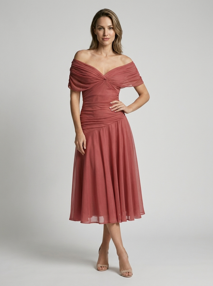 Aurelia Voss Off Shoulder Draped Midi Dress