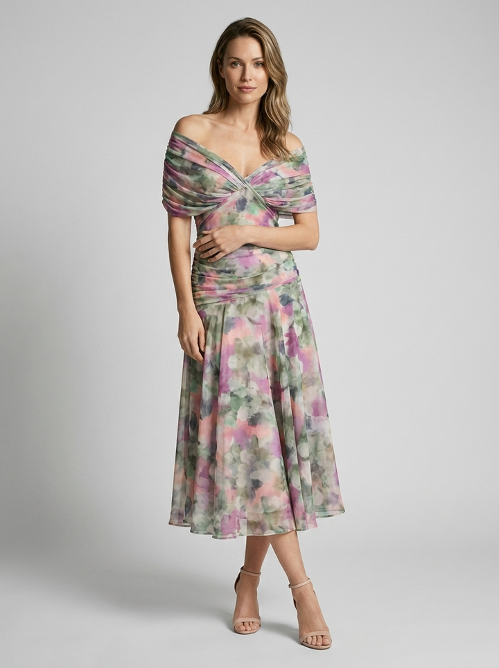 Aurelia Voss Off Shoulder Draped Midi Dress