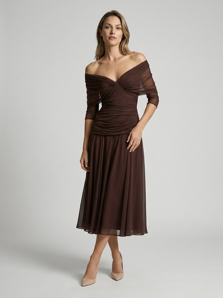 Aurelia Voss Off Shoulder Draped Midi Dress