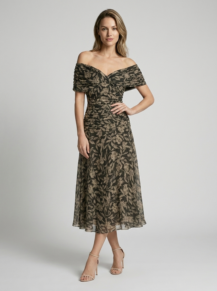 Aurelia Voss Off Shoulder Draped Midi Dress