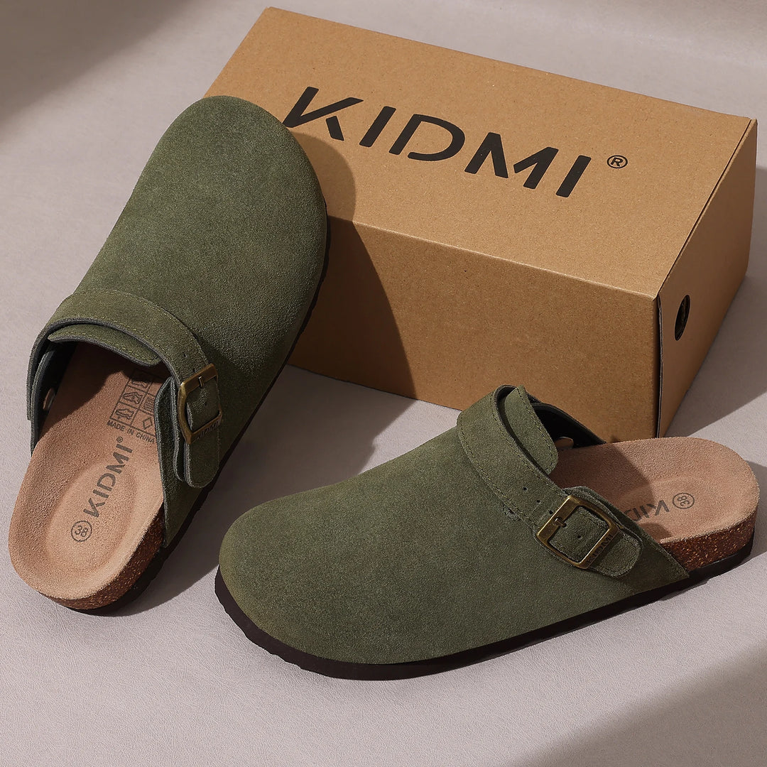 Zuecos Comwarm de gamuza de vaca para mujer con hebilla ajustable, plantilla de corcho, mulas de cuero, zapatillas cómodas sin cordones para mujer, zuecos de corcho de verano