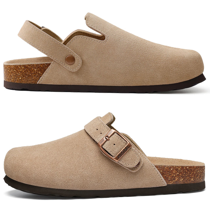 Zuecos Comwarm de gamuza de vaca para mujer con hebilla ajustable, plantilla de corcho, mulas de cuero, zapatillas cómodas sin cordones para mujer, zuecos de corcho de verano