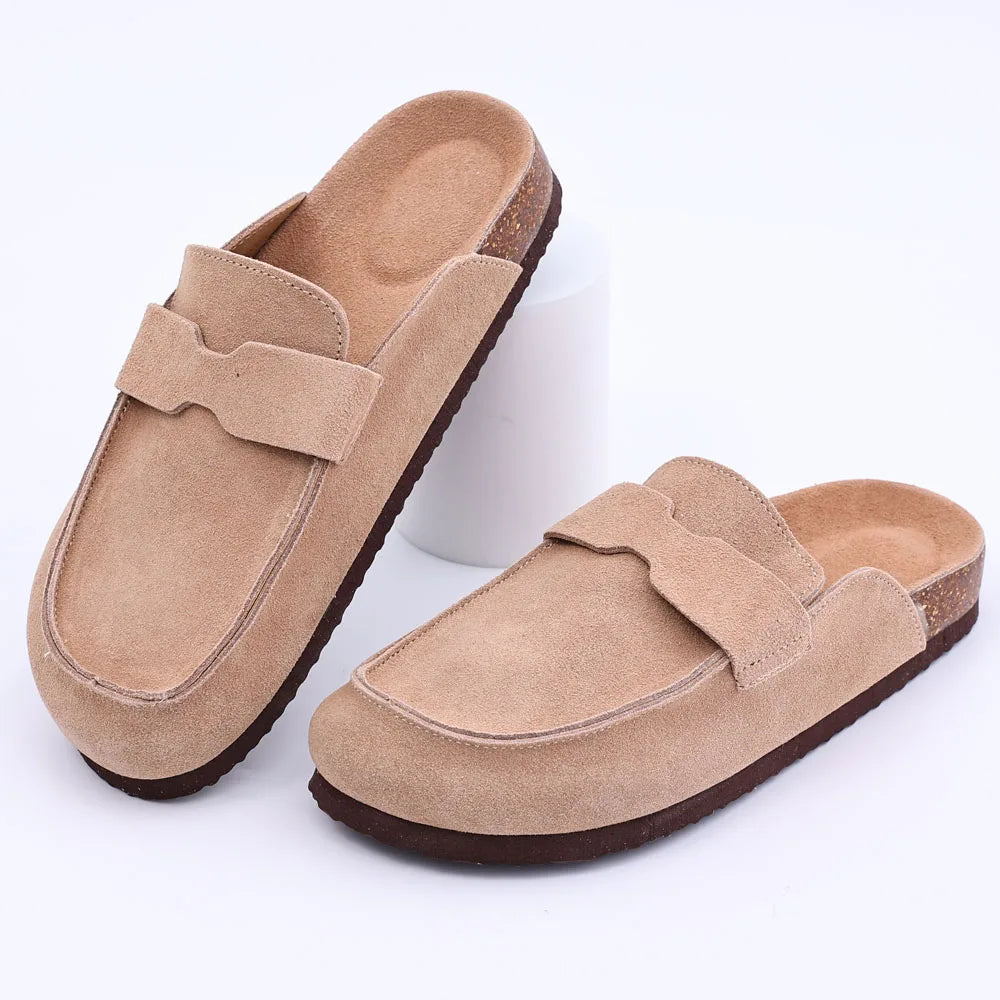 Zuecos Comwarm de gamuza de vaca para mujer con hebilla ajustable, plantilla de corcho, mulas de cuero, zapatillas cómodas sin cordones para mujer, zuecos de corcho de verano