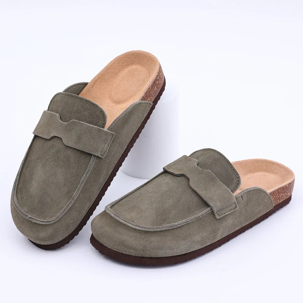 Zuecos Comwarm de gamuza de vaca para mujer con hebilla ajustable, plantilla de corcho, mulas de cuero, zapatillas cómodas sin cordones para mujer, zuecos de corcho de verano