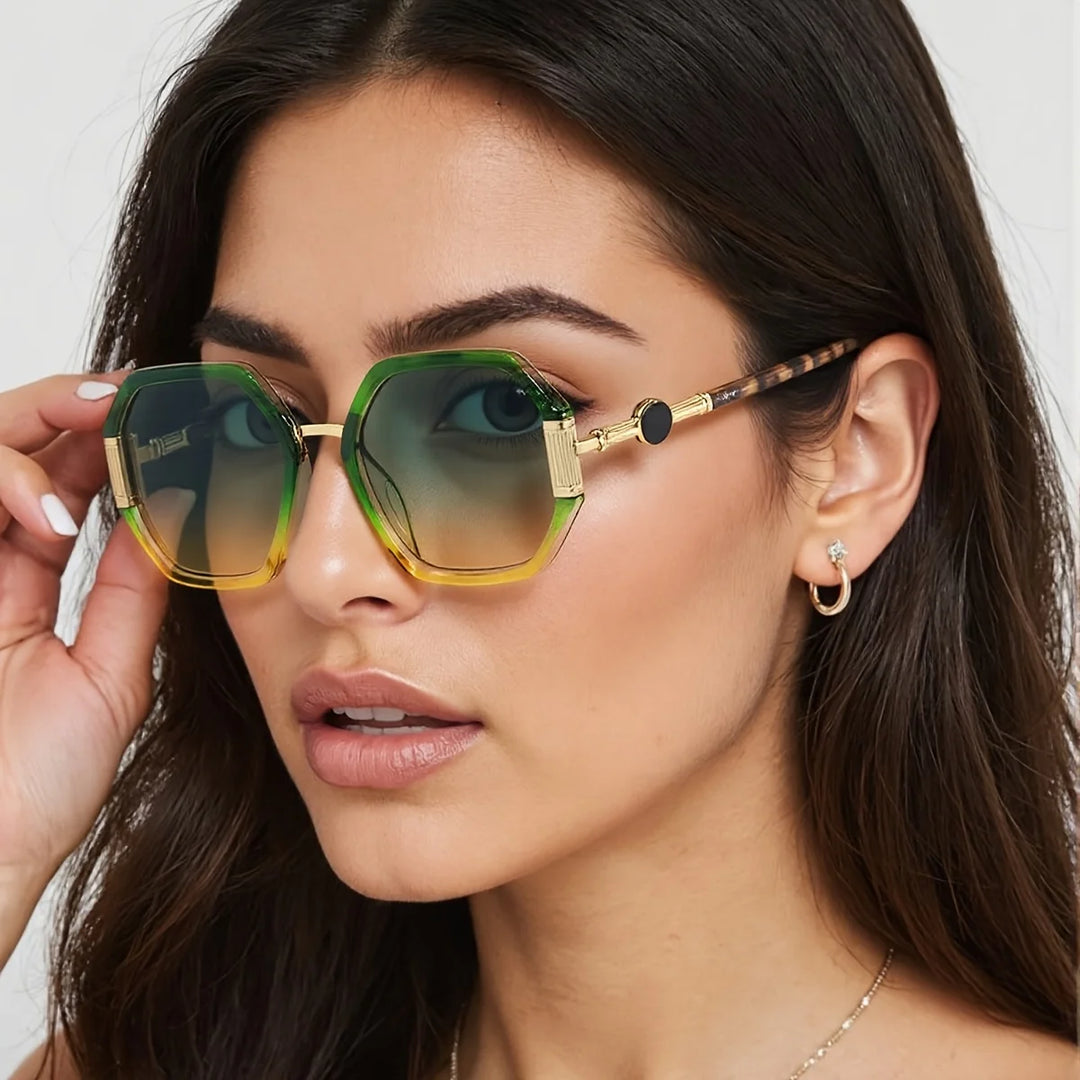Gafas de sol de moda para mujer, montura octogonal única con lentes degradados, gafas de sol con patas doradas, gafas de mujer