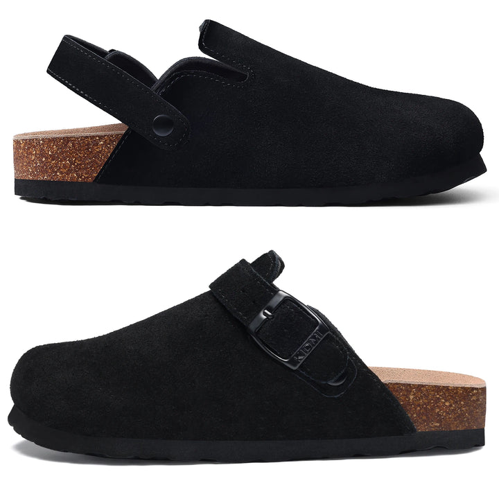 Zuecos Comwarm de gamuza de vaca para mujer con hebilla ajustable, plantilla de corcho, mulas de cuero, zapatillas cómodas sin cordones para mujer, zuecos de corcho de verano