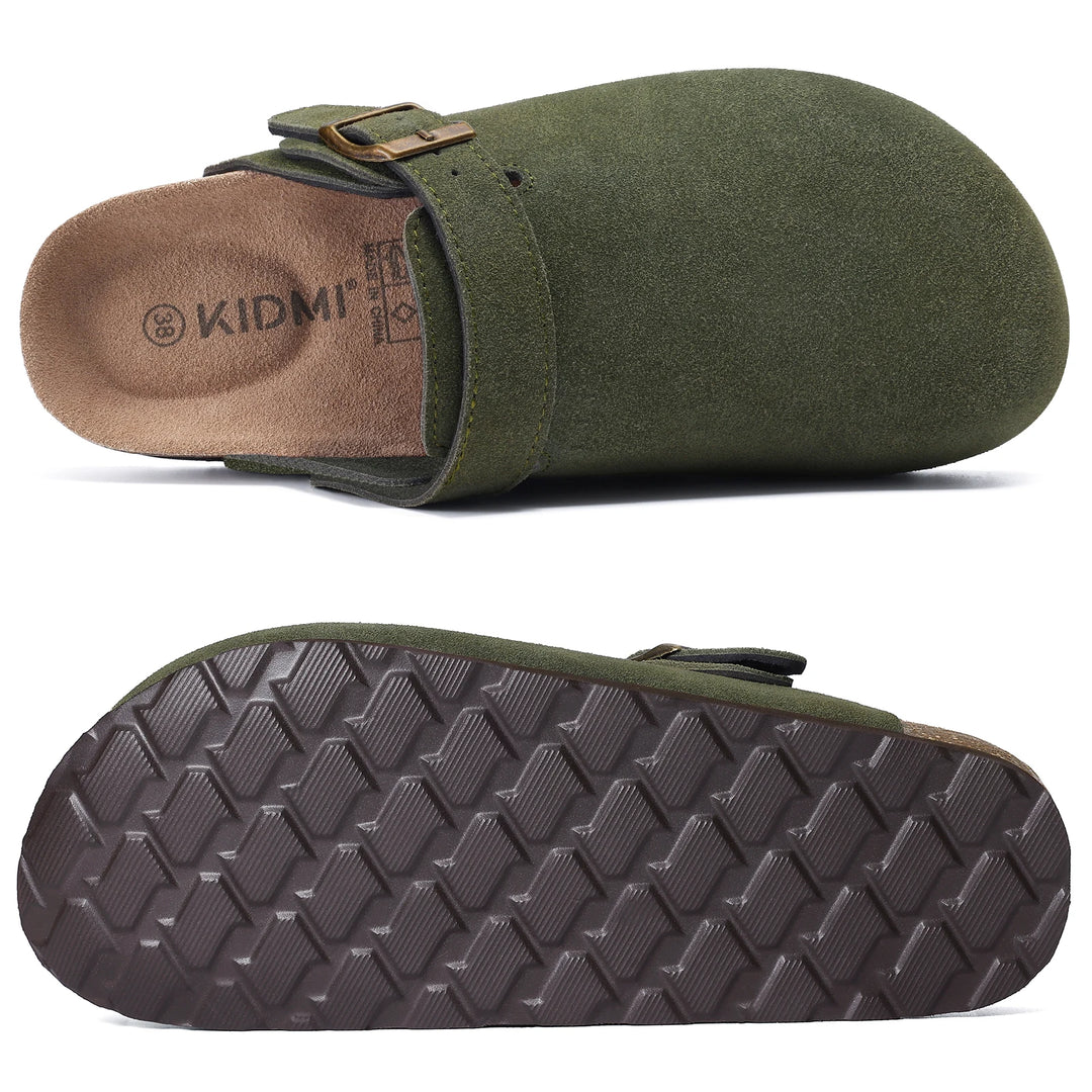 Zuecos Comwarm de gamuza de vaca para mujer con hebilla ajustable, plantilla de corcho, mulas de cuero, zapatillas cómodas sin cordones para mujer, zuecos de corcho de verano