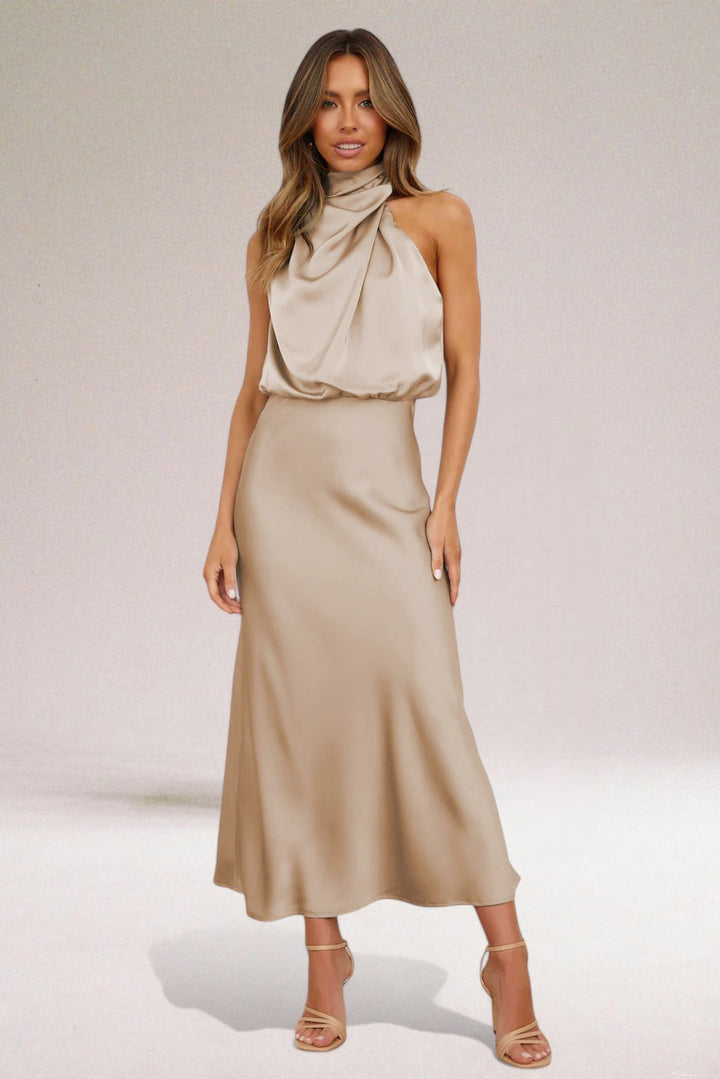 Margaux Cazal Satin Off Shoulder Slip Dress