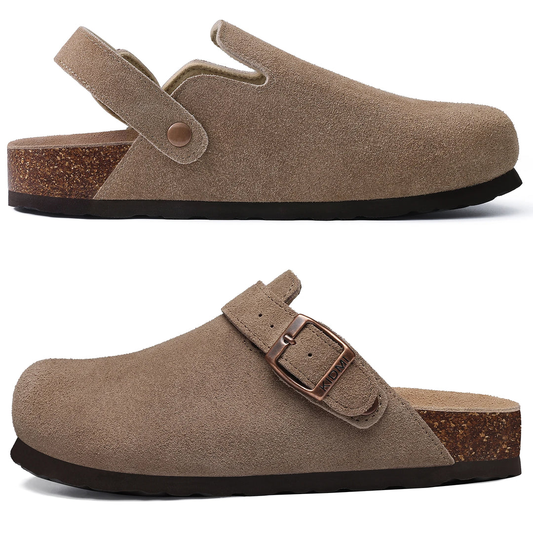 Zuecos Comwarm de gamuza de vaca para mujer con hebilla ajustable, plantilla de corcho, mulas de cuero, zapatillas cómodas sin cordones para mujer, zuecos de corcho de verano