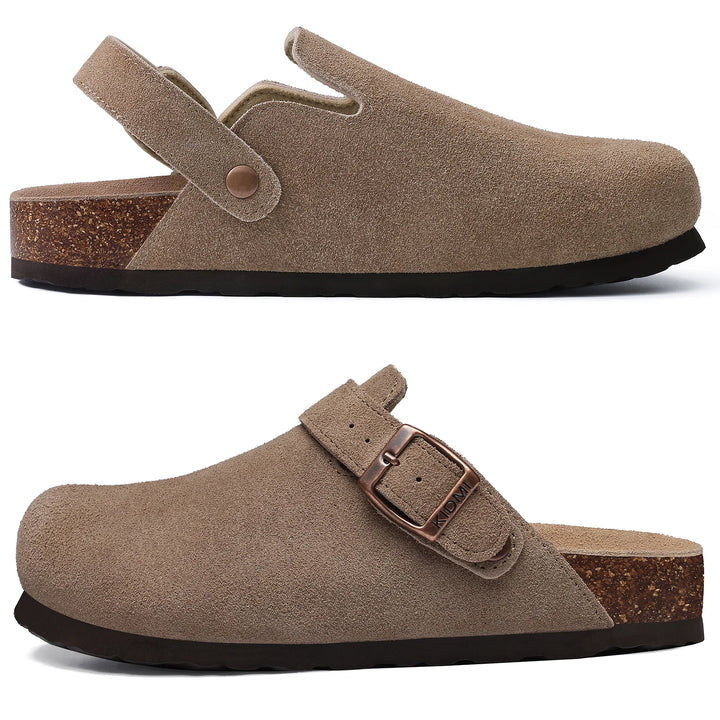 Zuecos Comwarm de gamuza de vaca para mujer con hebilla ajustable, plantilla de corcho, mulas de cuero, zapatillas cómodas sin cordones para mujer, zuecos de corcho de verano