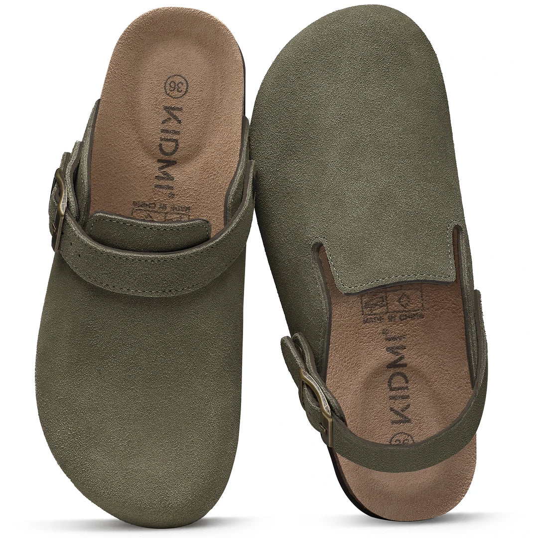 Zuecos Comwarm de gamuza de vaca para mujer con hebilla ajustable, plantilla de corcho, mulas de cuero, zapatillas cómodas sin cordones para mujer, zuecos de corcho de verano
