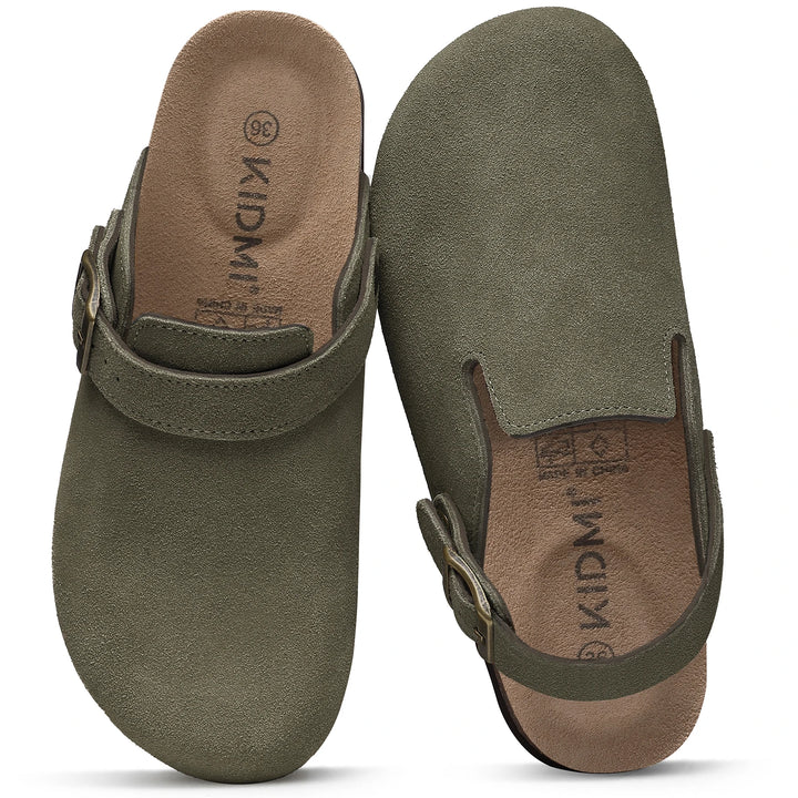 Zuecos Comwarm de gamuza de vaca para mujer con hebilla ajustable, plantilla de corcho, mulas de cuero, zapatillas cómodas sin cordones para mujer, zuecos de corcho de verano