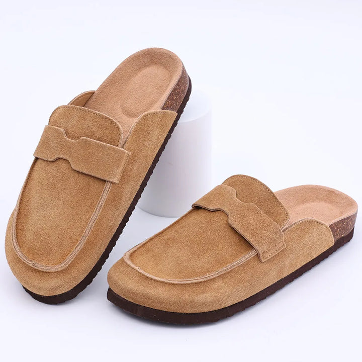 Zuecos Comwarm de gamuza de vaca para mujer con hebilla ajustable, plantilla de corcho, mulas de cuero, zapatillas cómodas sin cordones para mujer, zuecos de corcho de verano