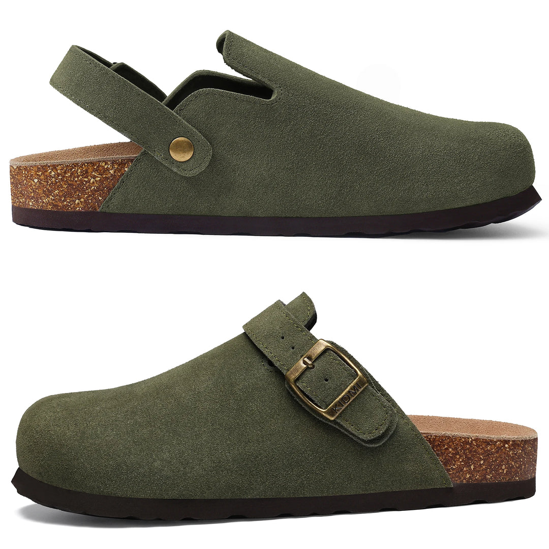 Zuecos Comwarm de gamuza de vaca para mujer con hebilla ajustable, plantilla de corcho, mulas de cuero, zapatillas cómodas sin cordones para mujer, zuecos de corcho de verano